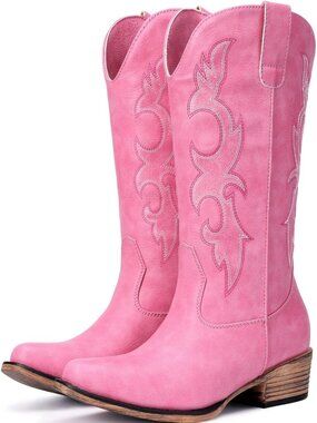 Women's Pink Mid Calf Cowgirl Boots Embroidery Chunky Heel Pointed Toe Boots